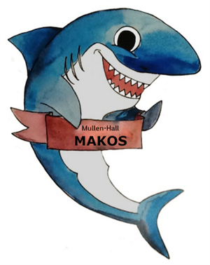   Blue Mako shark cartoon holding red Mullen Hall sign